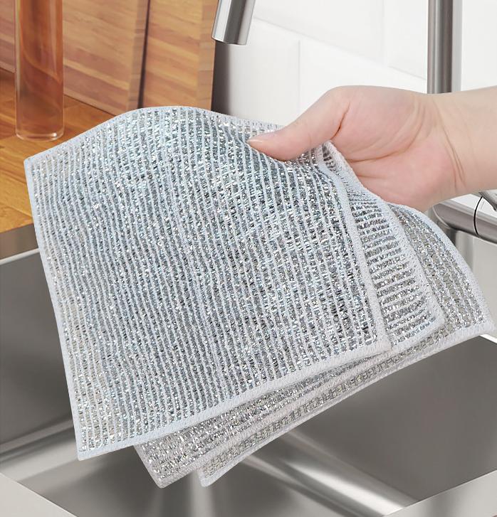 10PCS Multipurpose Double Layer Scrubbing Dish Cloths - Reusable Silver Wire Kitchen Towels for Household Cleaning