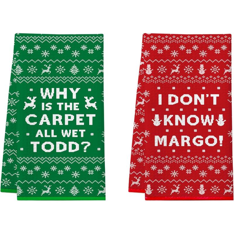 Christmas Vacation Decorations, 2Pcs Funny Christmas Kitchen Towels, Griswold Family Cousin Eddie Christmas Vacation Merchandise, Holiday Bathroom Decor - Why is The Carpet All Wet? I Don't Know Margo