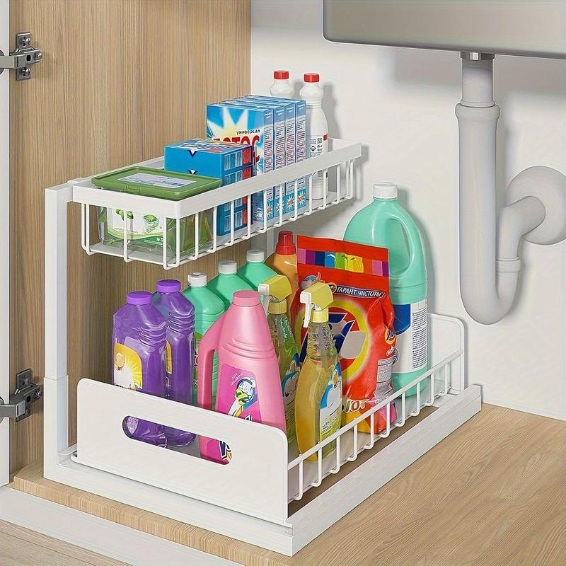 Under Sink Storage Rack, 2 Counts Sliding Pull Out Storage Rack, Under Sink Storage Organizer for Kitchen Bathroom Home