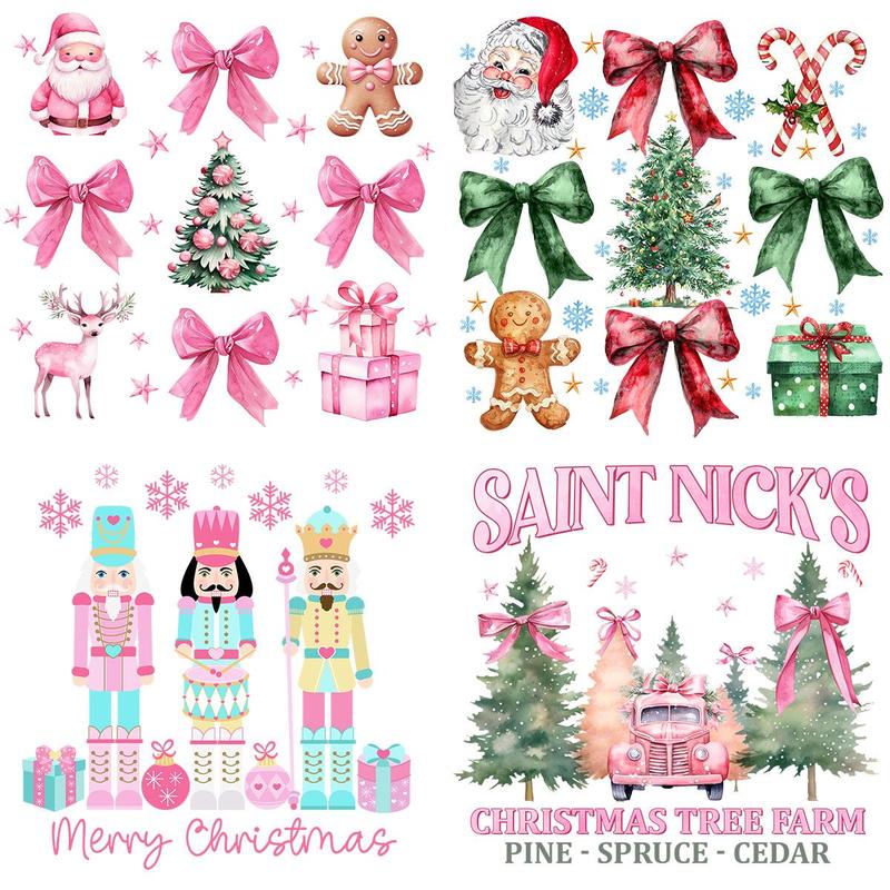 Christmas Iron on Transfer Sticker, 4 Counts set Cute Bow & Santa Claus & Nutcracker & Tree Pattern Heat Transfer Sticker for T-shirt, Sweatshirt