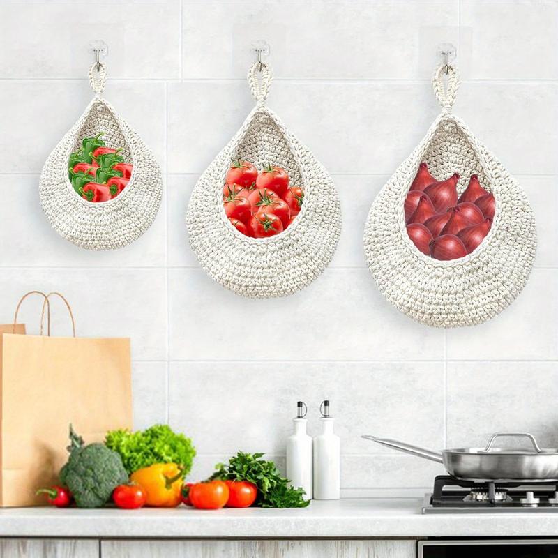 Hanging Wall Vegetable Fruit Basket, 3 Counts set Boho Style Handwoven Wall Mounted Fruit Veggie Basket, Home Organizer for Kitchen Living Room