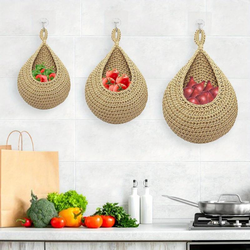 Hanging Wall Vegetable Fruit Basket, 3 Counts set Boho Style Handwoven Wall Mounted Fruit Veggie Basket, Home Organizer for Kitchen Living Room