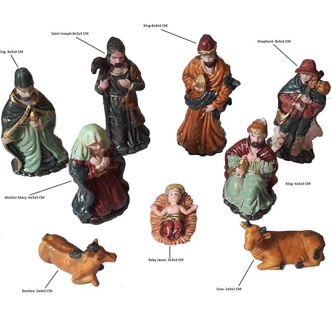 4 Inches 9 PC Mini Nativity Scene Figurine Set, Religious Christmas Decorations ,Tabletop Holidays Decor Nativity Scene Resin Figurines Set Religious Decorations Collection Gifts(9 Pieces)