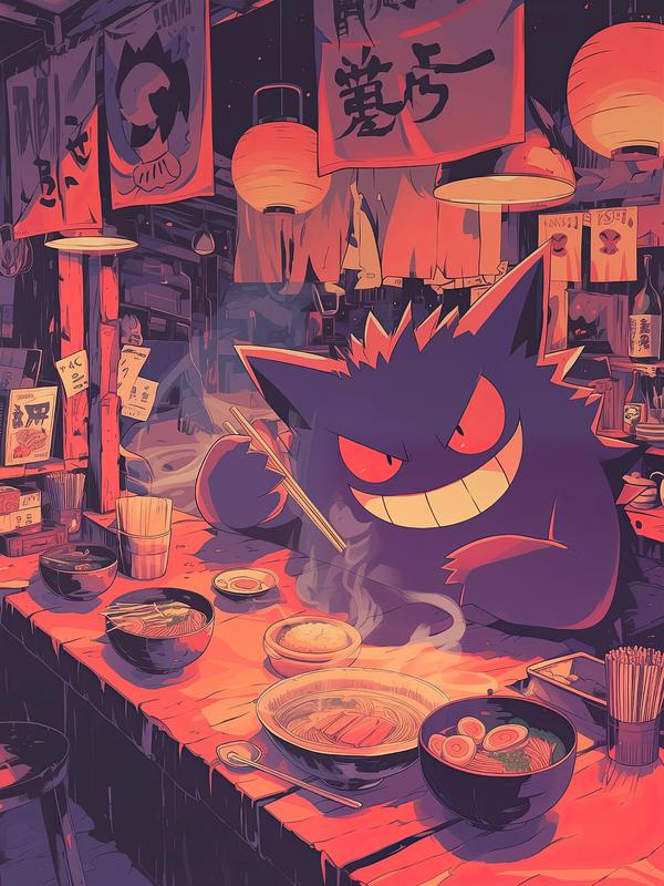 Gengar, Ramen Series, Pokemon, Japanese Tapestry Style, Anime Poster, Printable