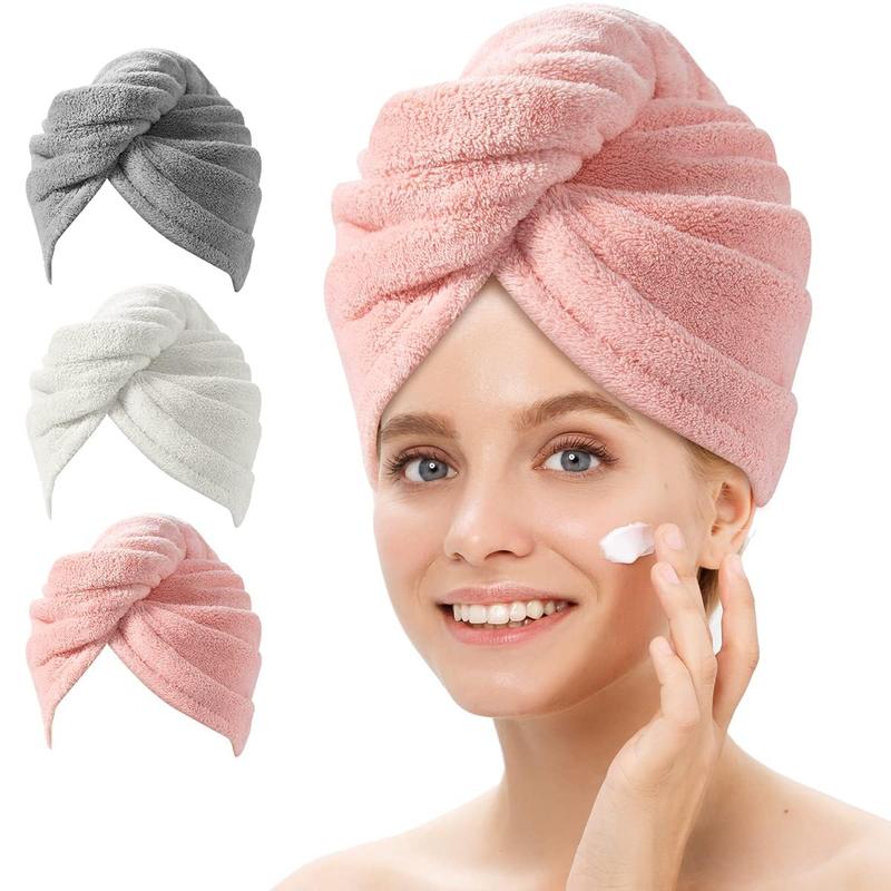 Microfiber Hair Towel 3 Pack, Hair Towel with Button, Super Absorbent Hair Towel Wrap for Curly Hair, Fast Drying Hair Turban Towel for Women, Anti Frizz Microfiber Towel