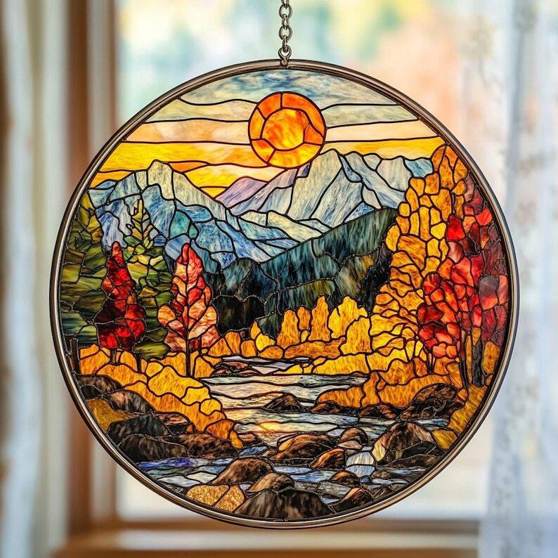 Mountain Range Stained Glass Ornament, Sunset Scenery window hangings for garden, House Decoration, House Decor, Housewarming Gift