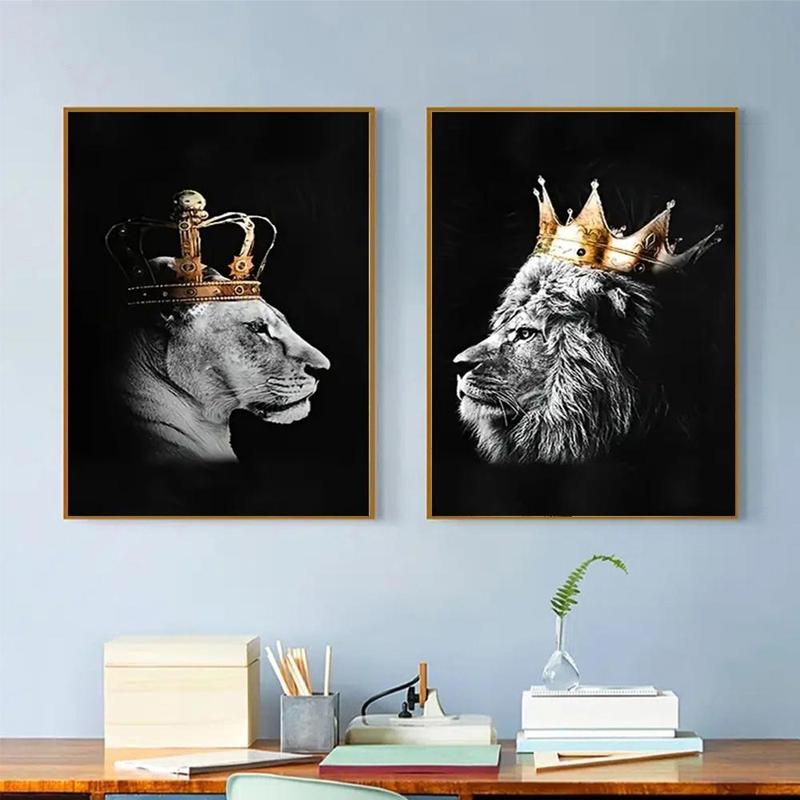 Lion & Crown Pattern Canvas Painting without Frame, 2 Counts set Modern Wall Art Canvas Painting, Wall Art Decor for Home Living Room Bedroom Office