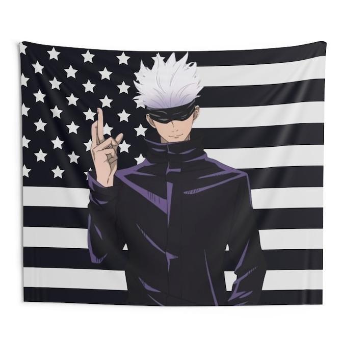 GOJO Black USA America Flag Tapestry - Anime Funny Room Merch - Backdrop Tapestry Jujutsu Kaisen Aesthetic - Gift for Gojo Wifu