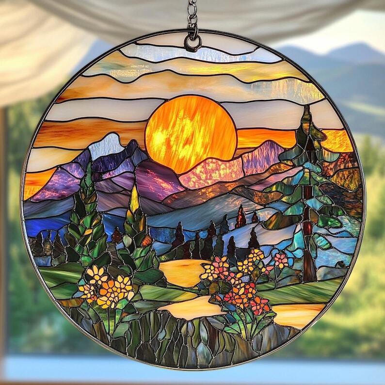 Mountain Range Stained Glass Ornament, Sunset Scenery window hangings for garden, House Decoration, House Decor, Housewarming Gift