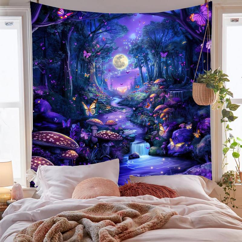 Forest Mosaic Pattern Tapestry, 1 Count Butterfly & Mushroom Print Hanging Blanket, Wall Hanging Decor For Living Room & Bedroom