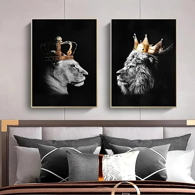 Lion & Crown Pattern Canvas Painting without Frame, 2 Counts set Modern Wall Art Canvas Painting, Wall Art Decor for Home Living Room Bedroom Office