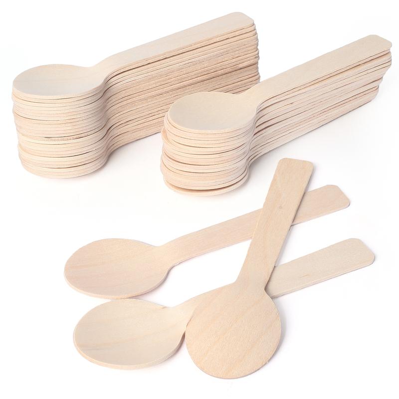 Pack of 100 Mini Wooden Spoons 4 inch Length Disposable Tasting Sampling Spoons Biodegradable Compostable Eco-friendly Birchwood Taster Spoons Round