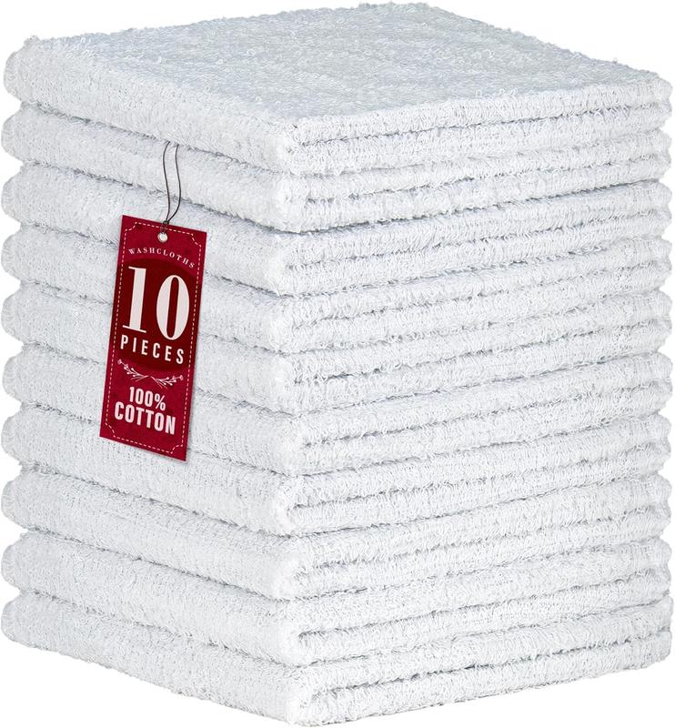 10 Pack White Cotton Wash Cloths - 12 x 12 inch Ultra Absorbent Premium Quality - Machine Washable