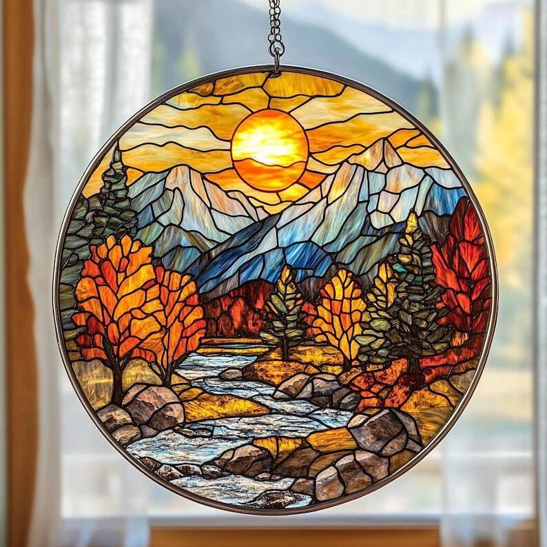 Mountain Range Stained Glass Ornament, Sunset Scenery window hangings for garden, House Decoration, House Decor, Housewarming Gift