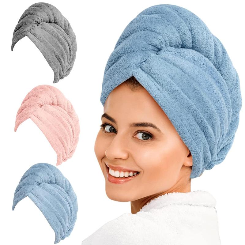 Microfiber Hair Towel 3 Pack, Hair Towel with Button, Super Absorbent Hair Towel Wrap for Curly Hair, Fast Drying Hair Turban Towel for Women, Anti Frizz Microfiber Towel