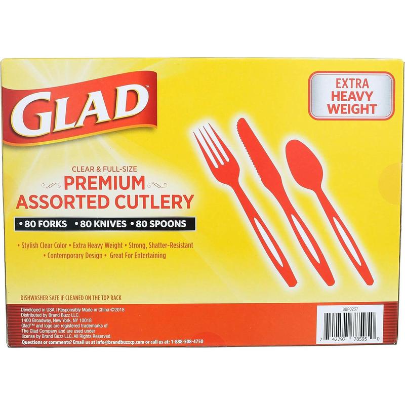 Glad Disposable Plastic Cutlery, Assorted Set | Clear Extra Heavy Duty forks, Knives, And Spoons | Disposable Party Utensils | 240 Piece Set of Durable and Sturdy Cutlery