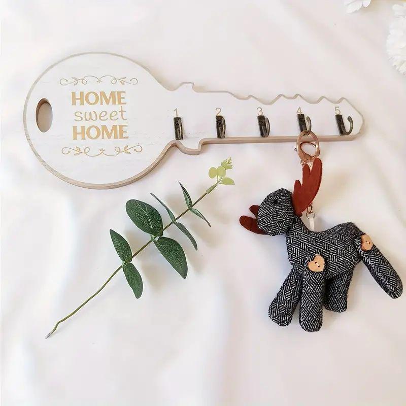 Wall Mounted Key Holder, 1 Count Key Shape Wooden Key Rack with 5 Key Hooks, Creative Entry Door Hook, Home Organizer for Living Room Bedroom