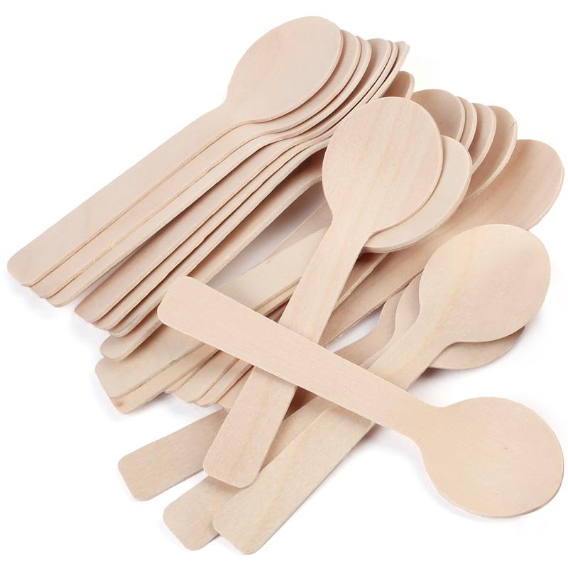 Pack of 100 Mini Wooden Spoons 4 inch Length Disposable Tasting Sampling Spoons Biodegradable Compostable Eco-friendly Birchwood Taster Spoons Round