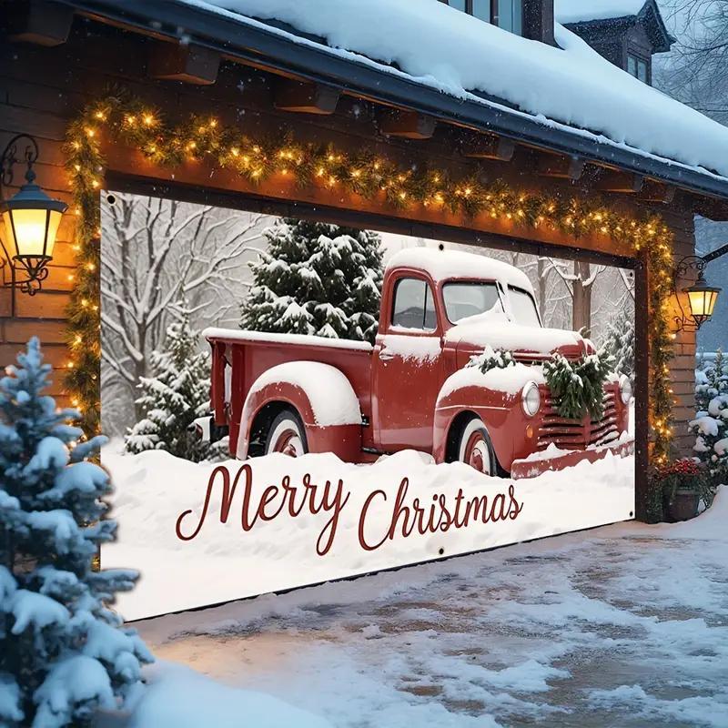 Christmas Themed Garage Door Cover, 1 Count Merry Christmas Car Pattern Garage Door Banner, Indoor Outdoor Festival Background, Home Decor