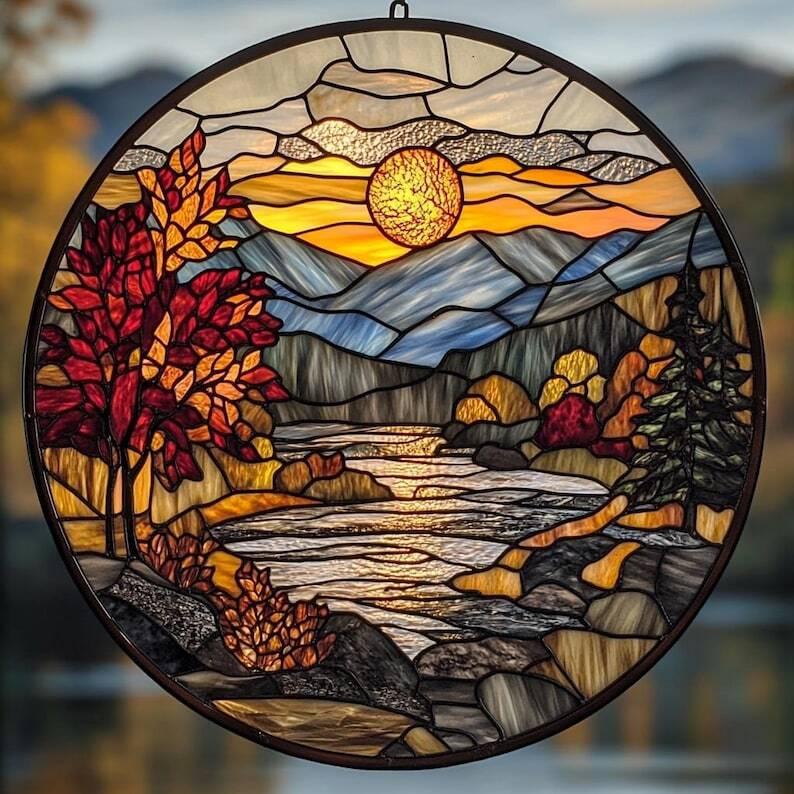 Mountain Range Stained Glass Ornament, Sunset Scenery window hangings for garden, House Decoration, House Decor, Housewarming Gift