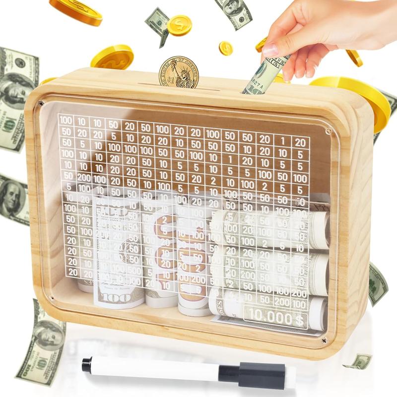 Money Saving Box Piggy Bank for Adults  10000 Savings Target  Challenge Box Coin Counter Reusable Wooden Cash Vault Savings 10k