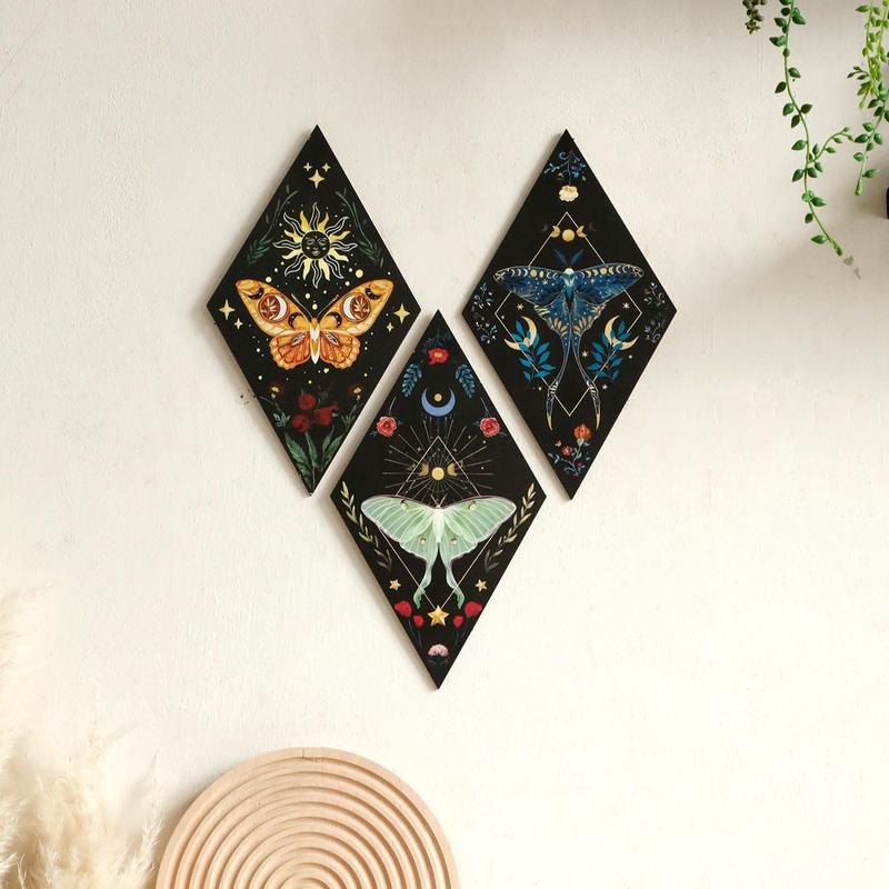 Room Decor Wooden Butterfly & Moon & Star Pattern Wall Art, 3 Counts Boho Style Wall Decor, Halloween Decorations, Wall Hanging Decor for Home Living Room Bedroom, Bedroom Decor