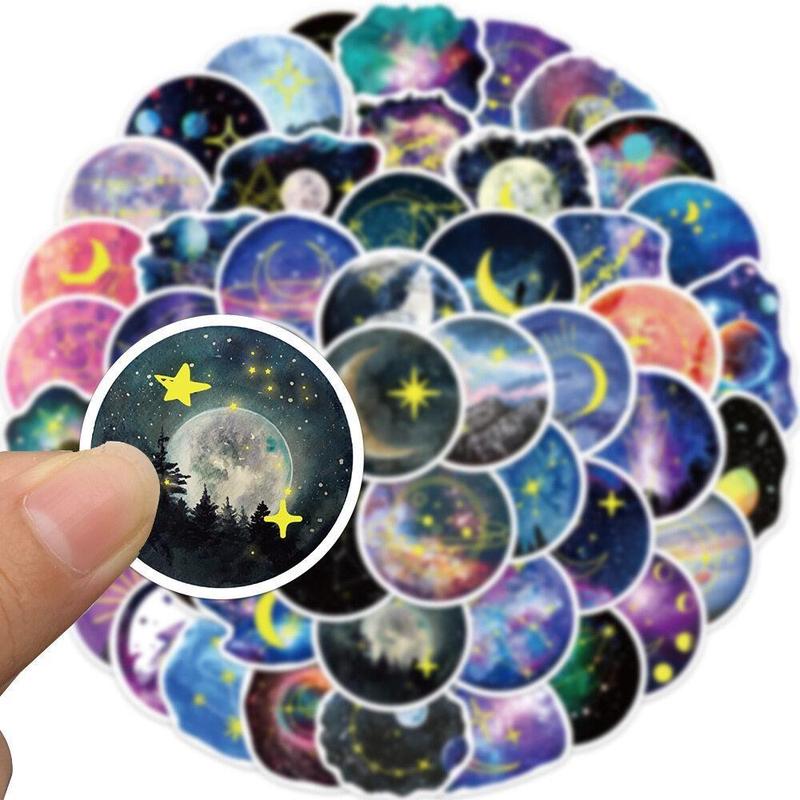 50pcs Colorful Moonlight Planet Series Decorative Sticker, Children's Decorative Collage Decal, Waterproof DIY Decorative Sticker For Stationery Computer Water Bottle Skateboard