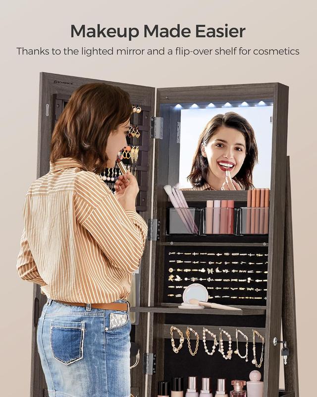 LED Mirror Jewelry Cabinet Standing, Lockable Jewelry Armoire with Full-Length Mirror and Adjustable LED Lights, Space-Saving Jewelry Organizer with Mirror, Gift Idea