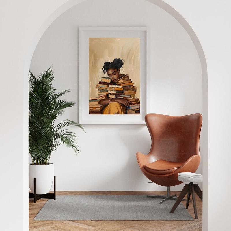 Black Woman Wall Art Digital, Black Girl Reading Art, Black Women Art Prints, College Dorm Decor, Book Lover Poster, No Frame Room Ornaments