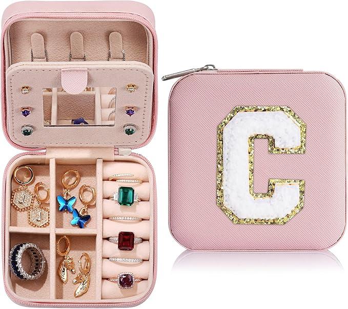 Portable Jewelry Box with Mirror for Gift, Summer Stylish Sequin Decorated Letter Pattern Jewelry Organizer, Cute Zipper Jewelry Storage Box for Women and Girls As Gift