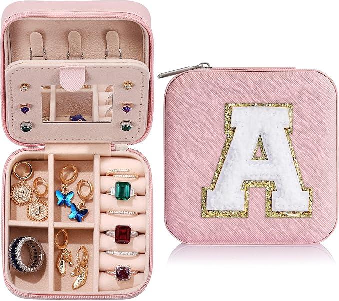 Portable Jewelry Box with Mirror for Gift, Summer Stylish Sequin Decorated Letter Pattern Jewelry Organizer, Cute Zipper Jewelry Storage Box for Women and Girls As Gift