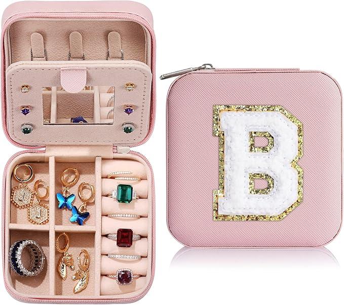 Portable Jewelry Box with Mirror for Gift, Summer Stylish Sequin Decorated Letter Pattern Jewelry Organizer, Cute Zipper Jewelry Storage Box for Women and Girls As Gift