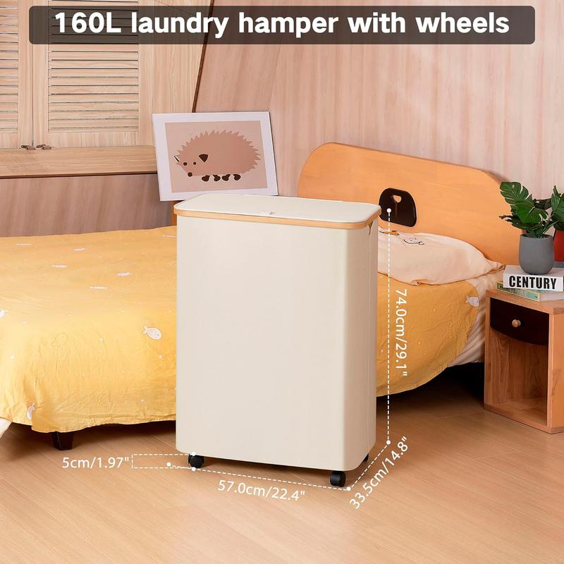 Lagre Laundry Hamper with Wheels, Laundry Basket with Lid, 160L Clothes Hamper for Laundry with 3 Liner Bags, for Laundry Room, Bedroom, Dormitory Organization,Beige