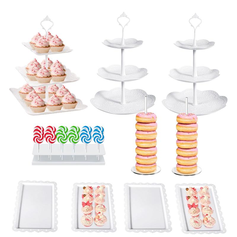 10 Pcs Dessert Table Display Set Cupcake Stand White Plastic Cake Stand Holder 3 Tire Cake Display Stands Cookie Tray Rack Serving Tower Cake Pop Stand Donut Stand for Wedding Baby Shower Tea Party