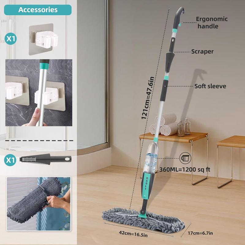 Microfiber Spray Mop for Floor Cleaning Wet Dry, Home Kitchen Hardwood Floor 360° Spin Flat Dust Mops with 12 FL.OZ. Refillable Bottle Include 4 Microfiber Reusable Pads 1 Scrubber and 1 Mop Holder SDARISB