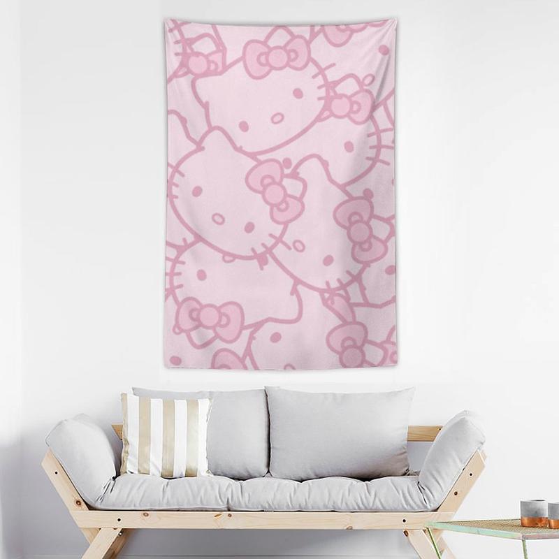 Hello Cartoon Kitty  Cat Tapestry Aesthetic Cute Room Decor Anime Tapestry Birthday Decorations Wall Hanging Gifts for Teen Girl Bedroom Living Room