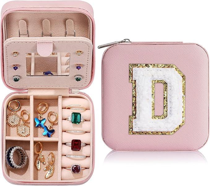 Portable Jewelry Box with Mirror for Gift, Summer Stylish Sequin Decorated Letter Pattern Jewelry Organizer, Cute Zipper Jewelry Storage Box for Women and Girls As Gift