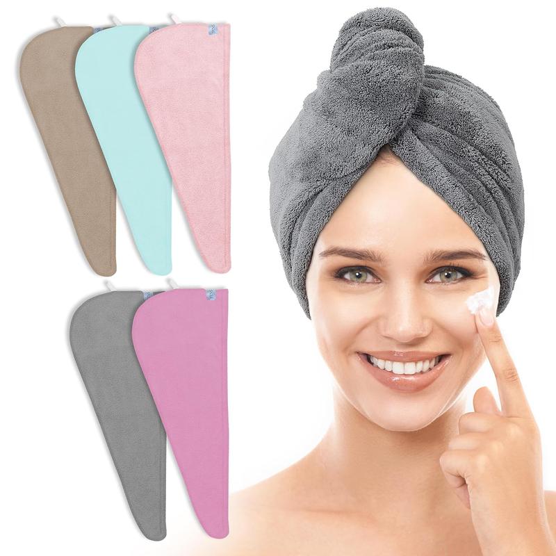 5 Pack Thicken Microfiber Hair Towel Wrap for Women - Grey+Pink+Brown+FrozenBlue+FrozenBerry