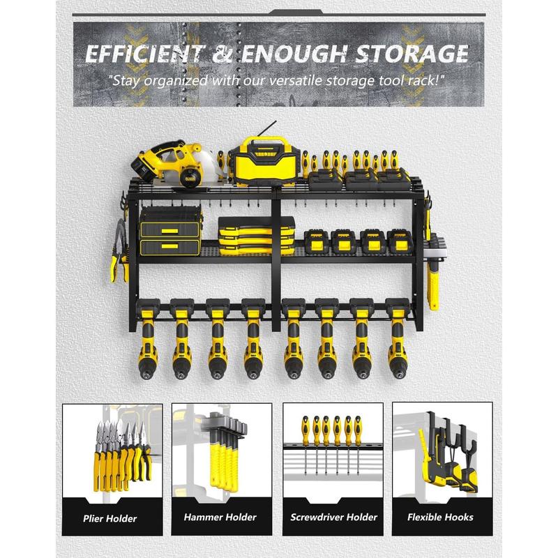 Power Tool Organizer Wall Mount, Heavy Duty Utility Tool Rack with 8 Drill Holders and 3-Layer High Capacity Storage Rack for Cordless Tool Screwdriver Plier Hammer Holder Installation