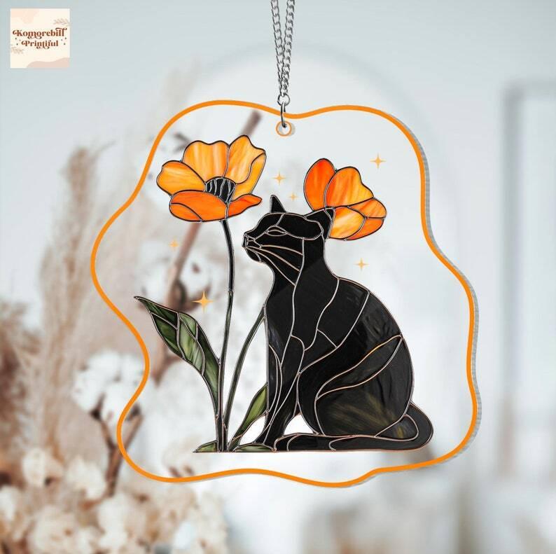 Black Cat and Flower Acrylic Ornament, Cat Lovers Gift, Wildflower with Cat Window Hanging, Remembrance Gift, Gift for Mom, Home Decor Art