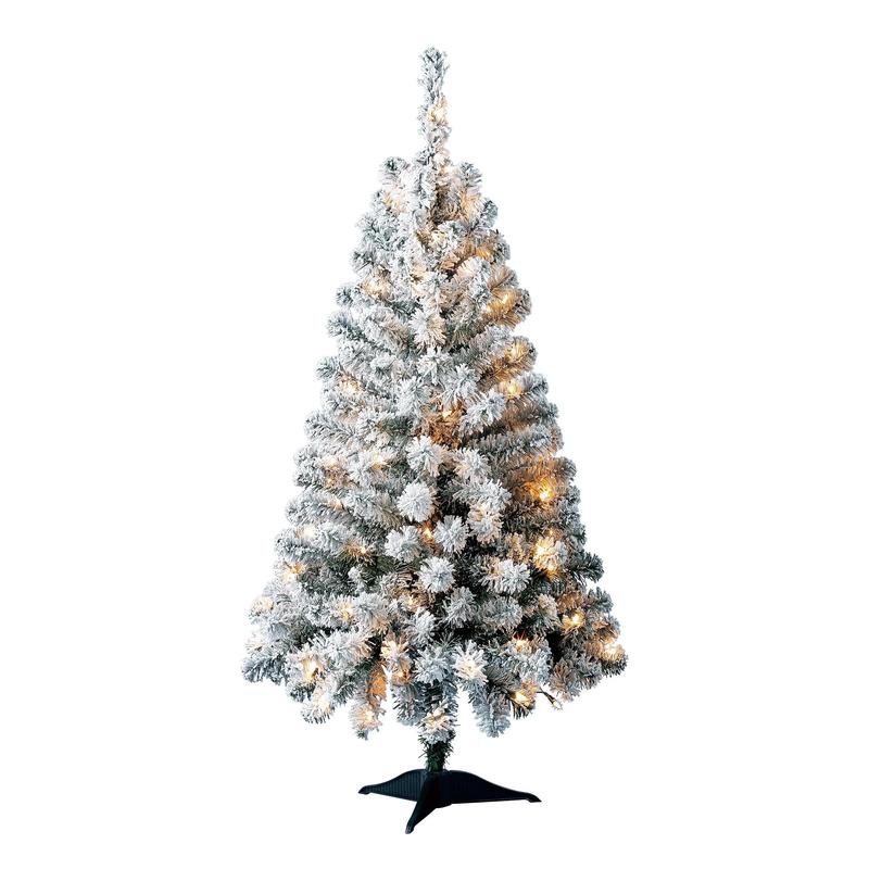 4’ Pre-Lit Greenfield Flocked Pine Artificial Christmas Tree, Clear LED Lights Slide Topper Ornaments Decoration