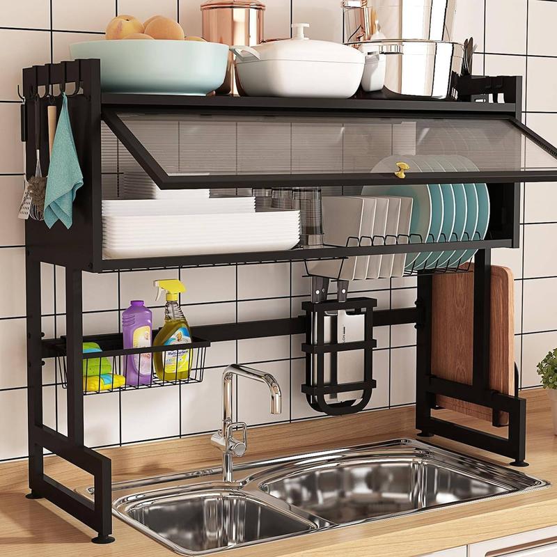 Over the Sink Dish Drying Rack with Cover, Large Space-Saving Stainless Steel Dish Drainer Kitchenware Bowls  Organizer Holder Shelf, Kitchen Decor Gadgets Accessories Essentials Must Haves Stuff Necessities