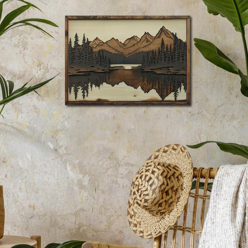 Wooden Painting Hanging Sign Decor, 1 Count Mountain & Lake & Forest Pattern Wall Art Decoration, Wall Decor for Home Farmhouse Living Room Office