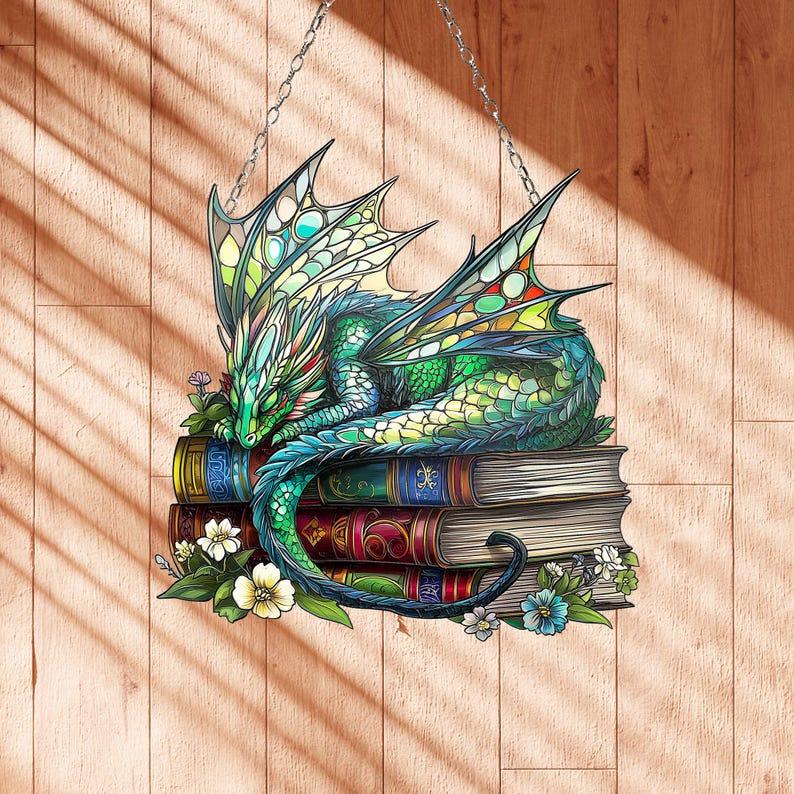 Dragon Sleep Over Books Acrylic, Suncatcher Dragon Love Book Window Hanging, Book Lover Gift Bookish, Home Librarian Gift Hangable Ornaments