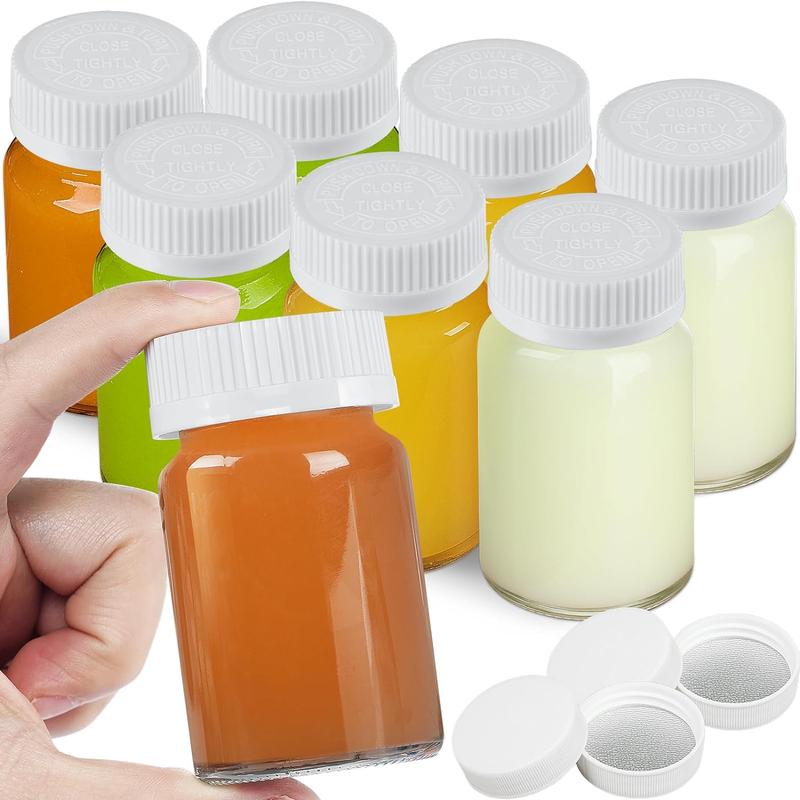 8 Pack 2.5 Oz Wide Mouth Juice Shot Bottles with 8 Sealed Press Screw Caps & 4 Airtight Lids! Small Glass Ginger Shot Bottles for Oil, Ginger, Travel Bottle, Reusable and Dishwasher Safe