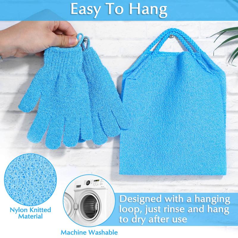 Exfoliating Back Scrubber Bath Gloves Set, Exfoliating Shower Towel with Shower Gloves for Body Scrub, Back Cleaner Wash Gloves to Remove Dead Skin (Blue) Blue