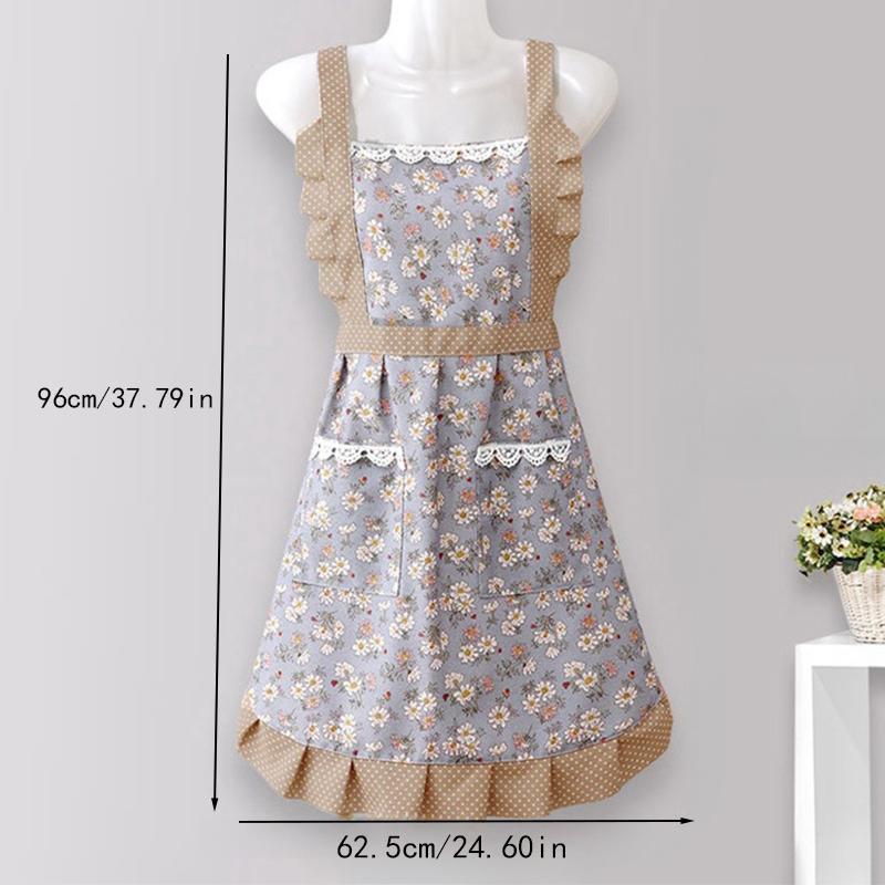 Floral Print Ruffle Trim Apron, 2 Counts Country Style Floral Print Apron with Pocket, Cooking Baking Apron for Home Kitchen Coffee Shop Gardening