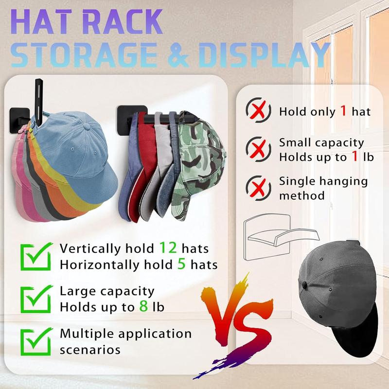 Hat Rack for Wall Hat Organizer (5-Pack), Adhesive or Drilling Hat Hooks for Wall Hat Storage for Baseball Caps