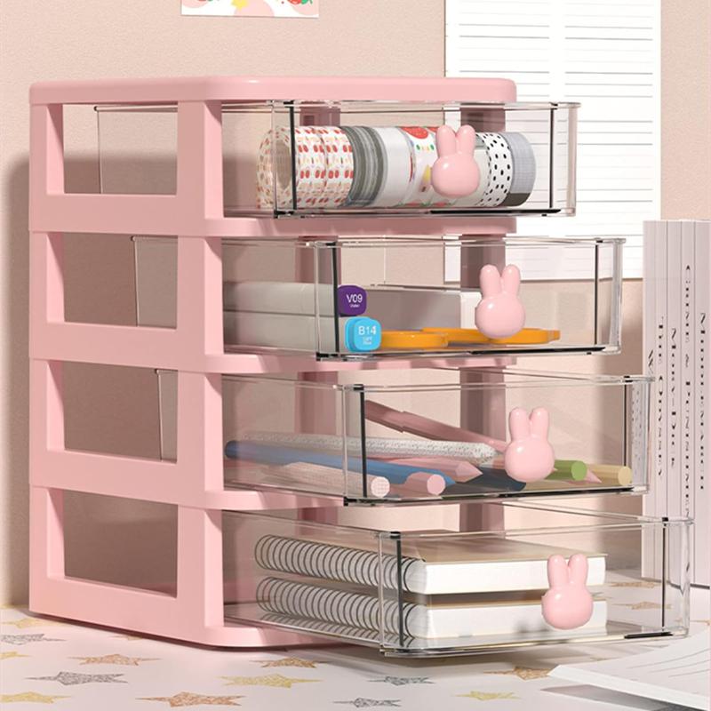 Storage Drawer, 4 Drawer Unit, Drawer Desk Storage Organizer for Makeup, Hair Care, Bathroom, Dorm, Desk, Countertop, Office, 5.3 inches * 6.7 inches * 8.3 inches, Pink