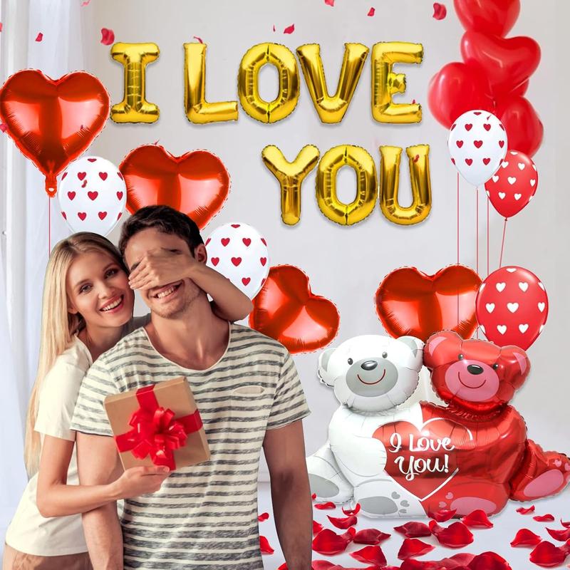 Christmas gift Valentine's Day Balloon Decor Set - 49 Pcs 'I Love You' & Heart Balloons with Teddy Bear 1000 Silk Rose Petals Romantic Decorations